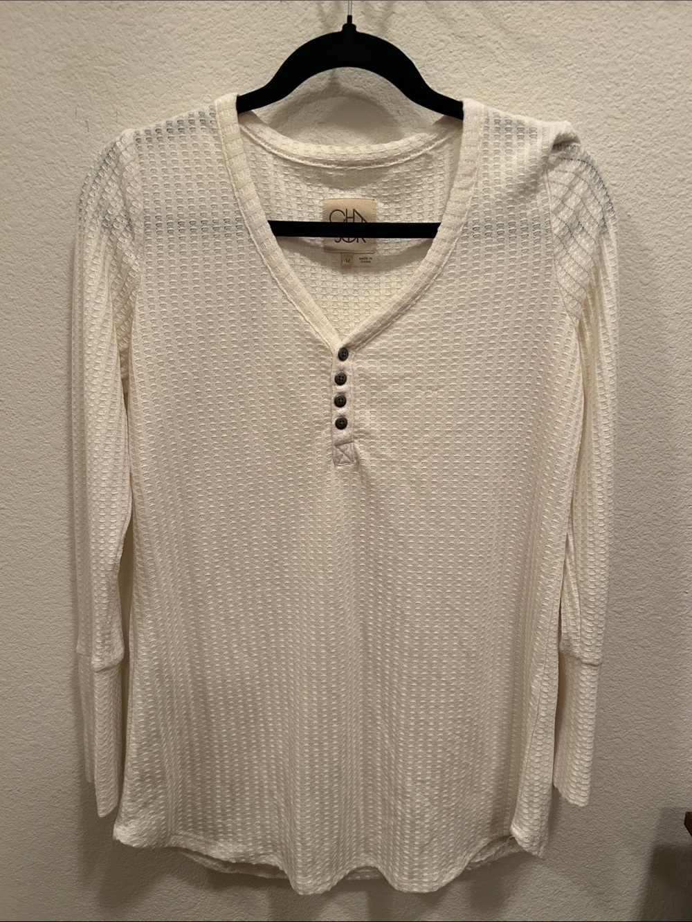 Chaser Cream Waffle Henley Long Sleeve Top with Button Placket